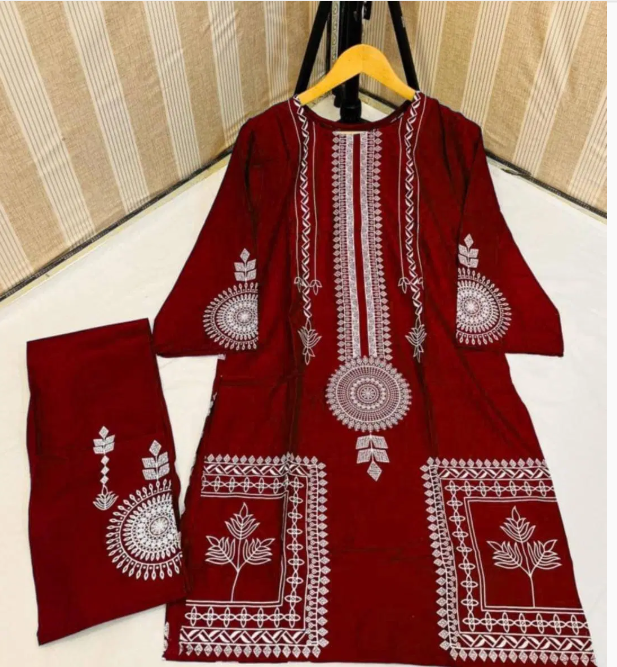 2 Pcs Women's Stitched Linen Block Printed Suit