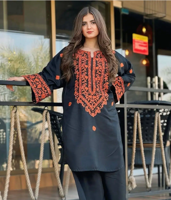 2 Pcs Women's Stitched Embroidered Shirt And Trouser