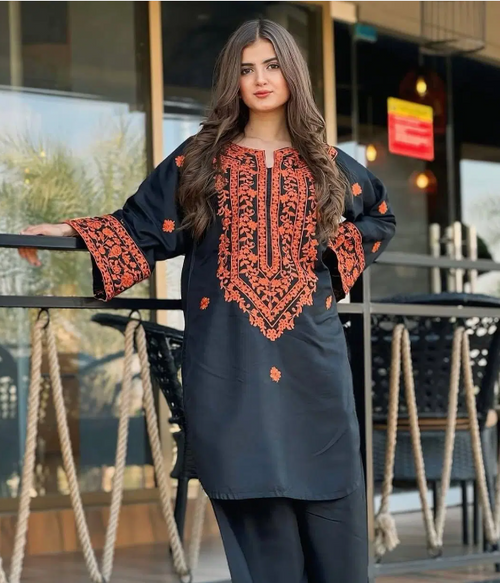 2 Pcs Women's Stitched Embroidered Shirt And Trouser