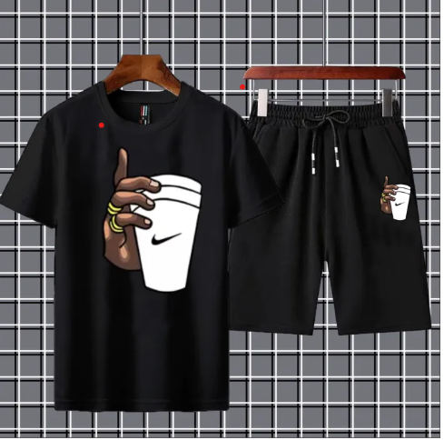 Black Hand With Cup Printed summer Half Sleeves O Neck Shorts & Tshirt Tracksuit For Men & Boys