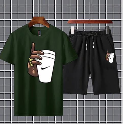 Black Hand With Cup Printed summer Half Sleeves O Neck Shorts & Tshirt Tracksuit For Men & Boys