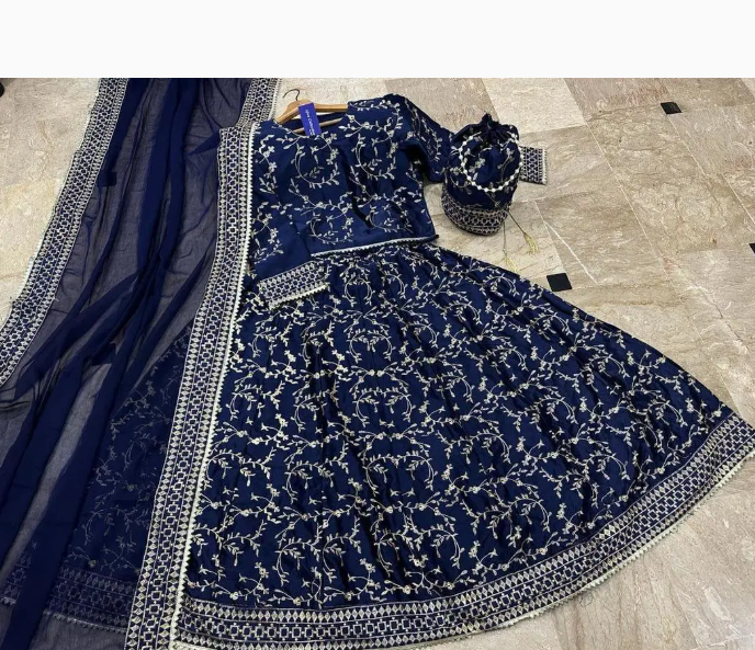 3 Pcs Women's Stitched Katan Silk Embroidered Lehenga Choli