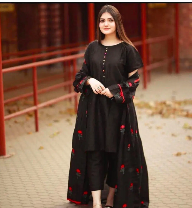3 Pcs Women's Stitched Katan Silk Embroidered Gown Suit