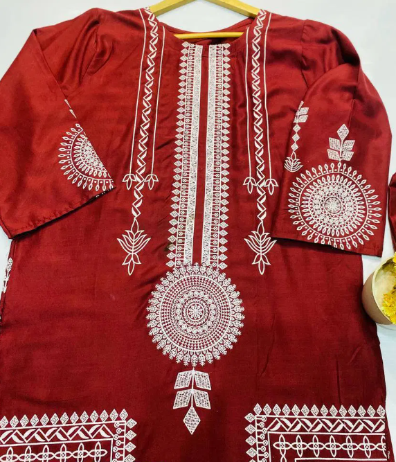 2 Pcs Women's Stitched Linen Block Printed Suit