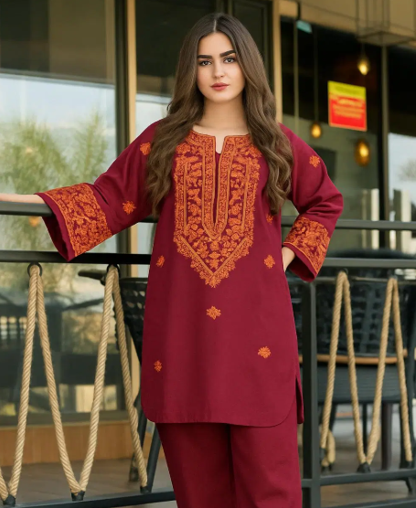 2 Pcs Women's Stitched Embroidered Shirt And Trouser